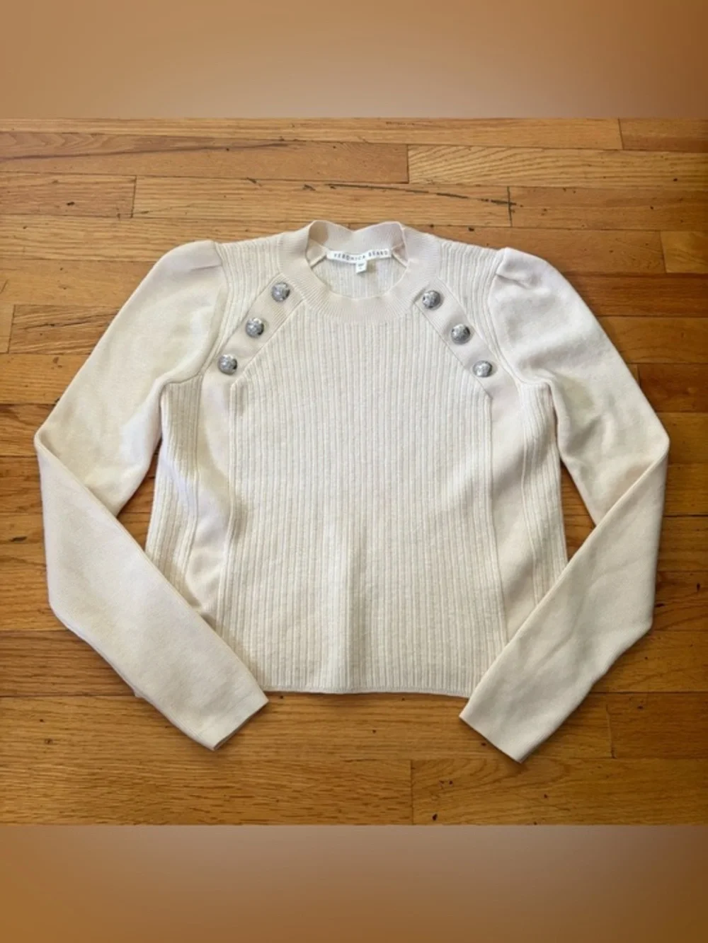 Veronica Beard Ribbed Sweater Cream Button Shoulder Puff Sleeve Size Small
